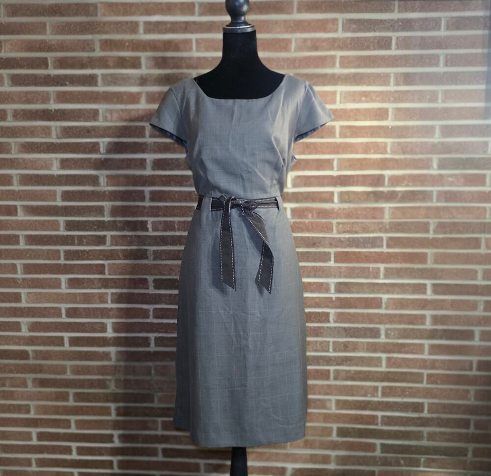 Studio I Gray Plaid Cap Sleeve Sheath Dress w/ Waist Tie Accent Size 12